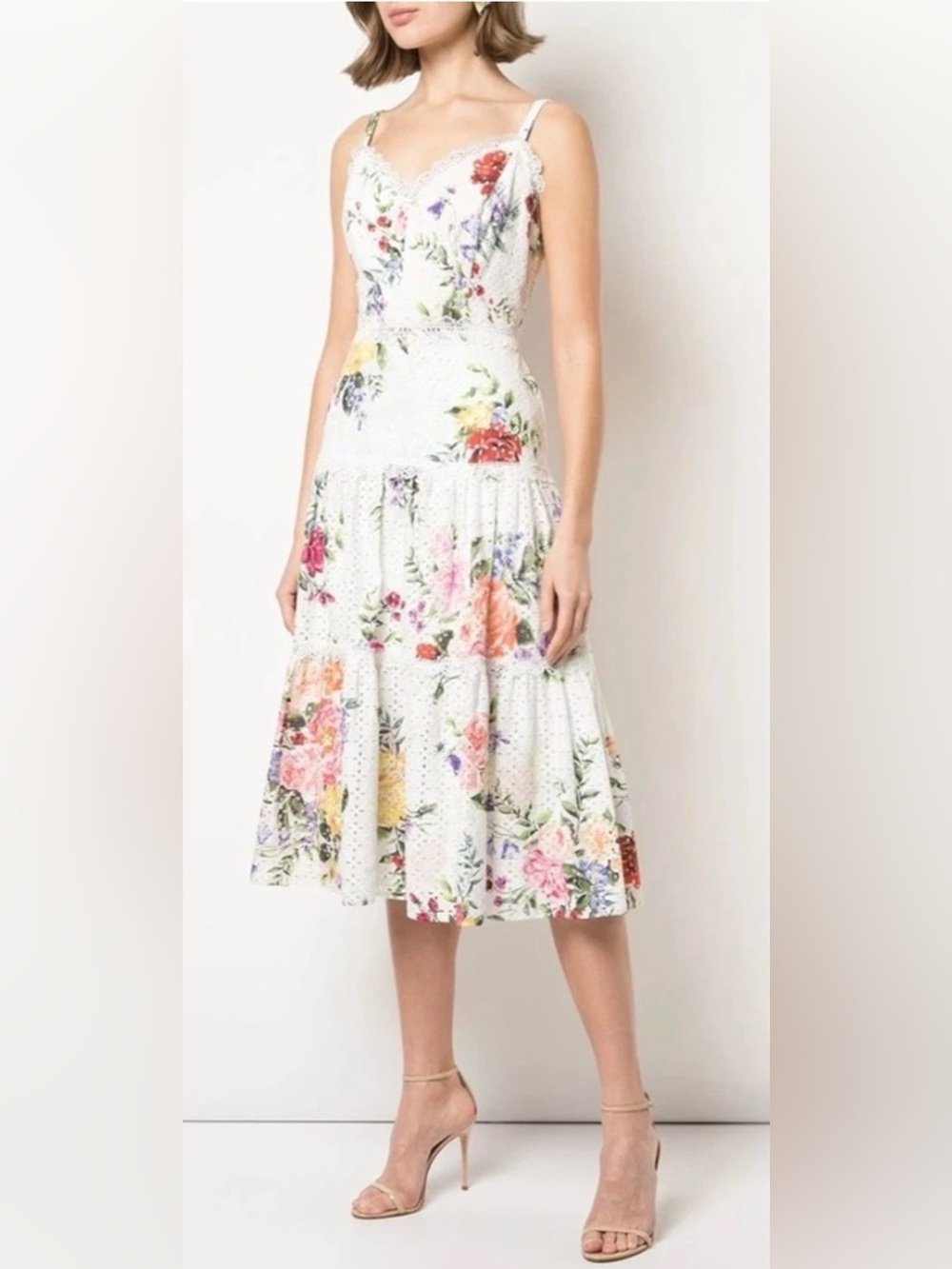 Marchesa Notte floral printed white cotton eyelet midi dress-Sz 2